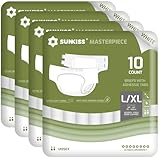 SUNKISS Masterpiece Adult Diapers with Tabs, Unisex Disposable Incontinence Briefs for Women and Men, Odor Control, White, Large/XLarge, Previously Large, 40 Count (4 Packs of 10)