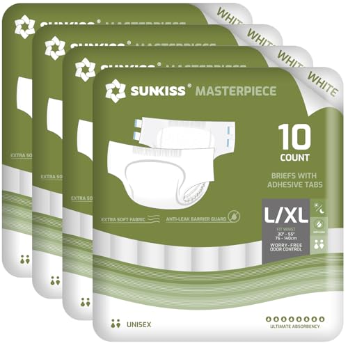 Image of SUNKISS Masterpiece Adult Diapers with Tabs, Unisex, L /XL, White, 40 Count | Ultra High Absorbency, Plastic-backed Briefs, Refastenable Tabs, Odor Control, Leak Protection for Daytime & Overnight Use