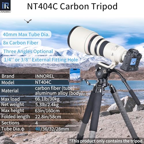 Image of INNOREL NT404C Carbon Fiber Tripod Professional Birdwatching Heavy Duty Camera 66lb /30kg Max Load 40mm Max Tube Diameter Bowl Tripod Birdwatching Camera Stand with a 1 /4 inch or 3 /8 inch External Screw Hole