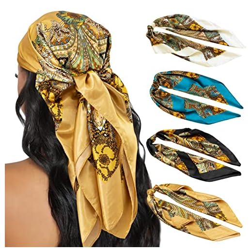 HBselect Lenço de cabeça de 99 cm para mulheres, 4 peças de lenços de seda para mulheres, lenço de cabeça de cetim lenço de pescoço bandana quadrada lenço de cabelo, Preto, camelo, bege, azul