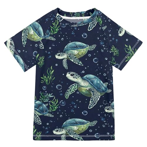 Wudan Cartoon Brazilian Turtle Navy Blue Boy Bathing Suit Short Sleeves Rash Guard for Girls Swimwears Kids Shirts for Teen Boy 5-6T