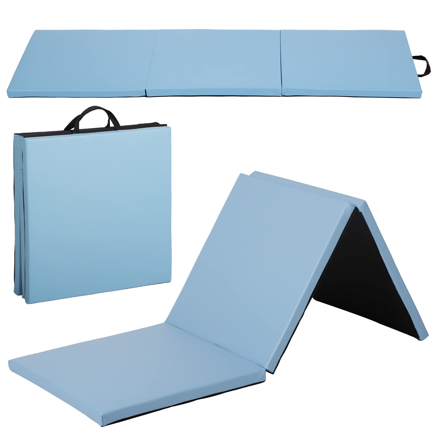 Gymnastics Mat Exercise Mat Tumbling Mats for Home Gym, Folding Portable 6’x2’x2 Extra Thick Crash Panel Mat with Carrying Handles for Kids Adults, Blue