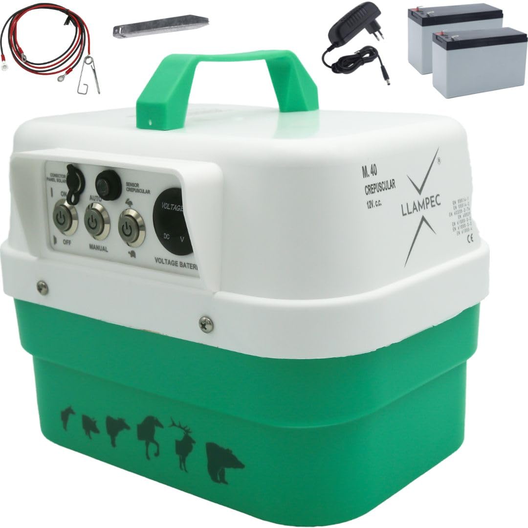 Pastor Eléctrico Crepuscular Llampec Mod.40 – 4,5 J, 10.000 V y 45 km de alcance – Ideal contra jabalíes y para ganado equino, vacuno, porcino y ovino – Batería recargable 12 V incluida