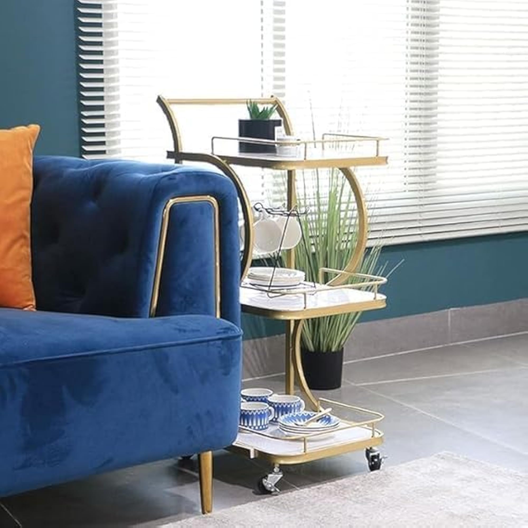 Premium Gold Metal Bar Cart with Glass Holders, Multi-Purpose Serving Trolley