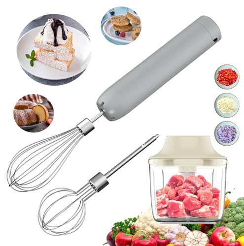 Set Batidora de Mano Eléctrica, Batidora de Varillas, Picadora Eléctrica Mini Recargable, 4 Velocidades, Mezclador, Mini Picadora para Picar, Triturar y Hacer Puré, 300ML