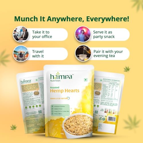 Image of Hampa Roasted Hemp Hearts 100g | Plain roasted | Dietary Fibres | Shelled Hemp Seeds for Eating | Healthy Snack | 35g Plant Protein | 38g Good Fats-Omega 3,6,9 | Wholesome Nutrition | Eat Raw