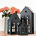 Main Street Town House Candle Lanterns, Set of 3, Vintage Style, Heart Details, Rustic Black, Metal, Corrugated Gabled Roof-Tops, 13.75, 9.5, and 5 Inches Tall