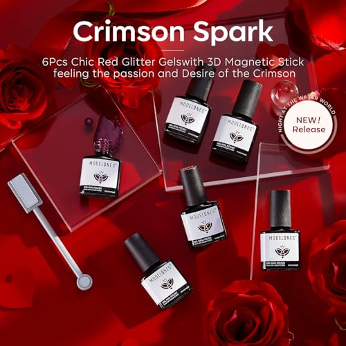 Image of modelones Gel Nail Polish Set, 6 PCS Christmas Red Burgundy Purple Glitter Gel Polish Colors Cat Eye Chameleon Shimmer Soak OFF LED Nail Art Gel Nail Kit Manicure Salon DIY Nails Gift