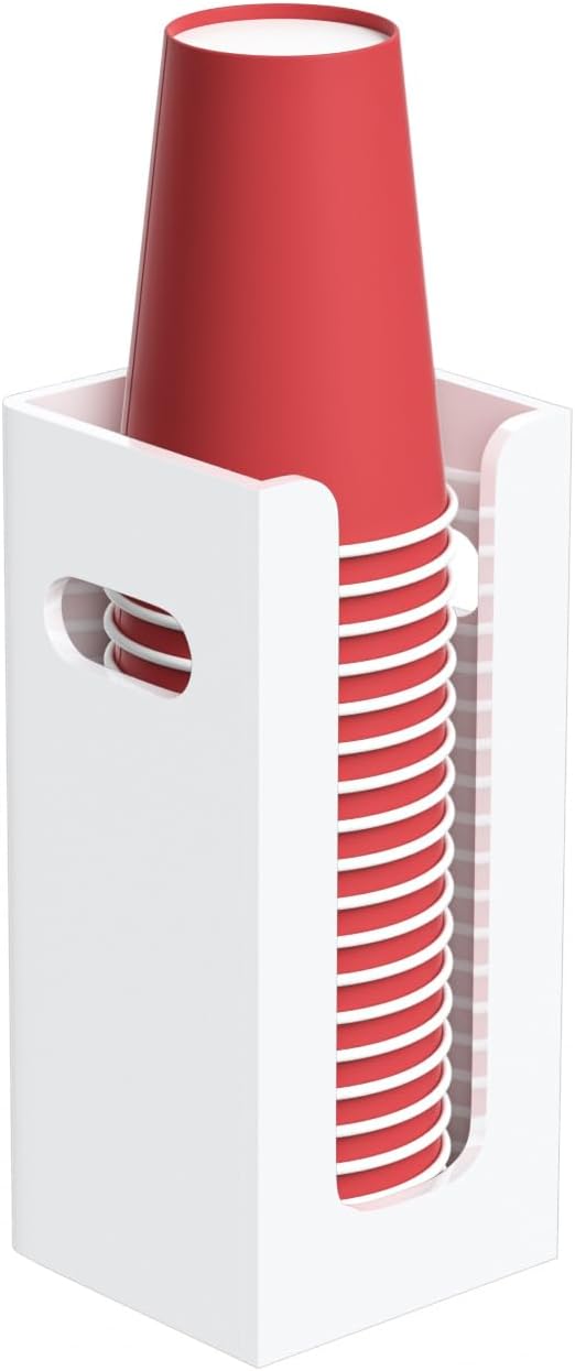 Disposable Coffee Cup Dispenser with Handles, Countertop or Wall Mount Hot/Cold Drink Cup and Lid Holder - Bathroom/Kitchen/Office Acrylic Cup Lid Storage Organizer (1 Compartment, White) 1 Compartment White
