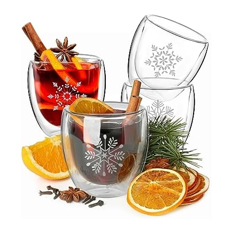 Wrenbury Mulled Wine Glasses Snowflake 7.7oz - Set of 4 Hot Toddy Mugs - Double Walled - Insulated Winter Christmas Eggnog Glogg Drinks - Gluhwein Cups Cover