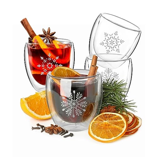 Wrenbury Mulled Wine Glasses 220ml - Set of 4 Snowflake Christmas Hot Toddy Glasses - Festive Boroscilicate Double Walled - Insulated for Hot Drinks