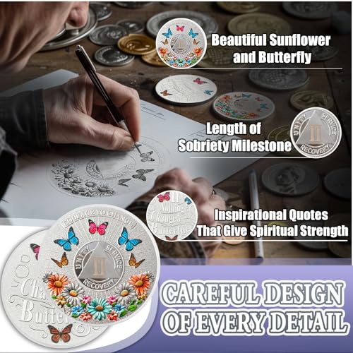 colorful sunflower 2 year sobriety coin butterfly two year sobriety chip courage to change aa chips and medallion silver aa coin recovery anniversary token sobriety gifts for men women