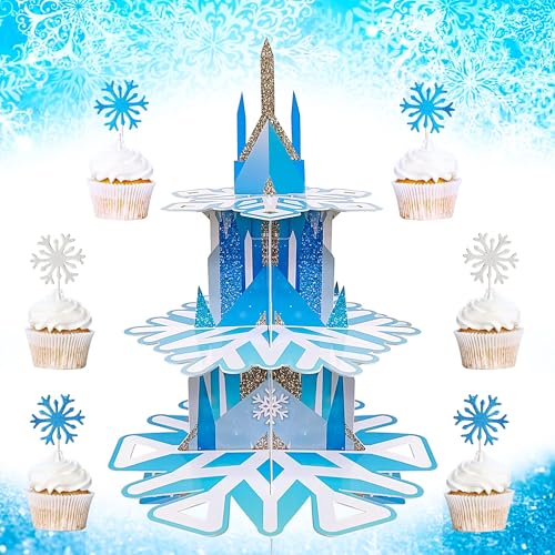 3 Tier Snowflake Cupcake Stand with 16pcs Cupcake Toppers, Winter...