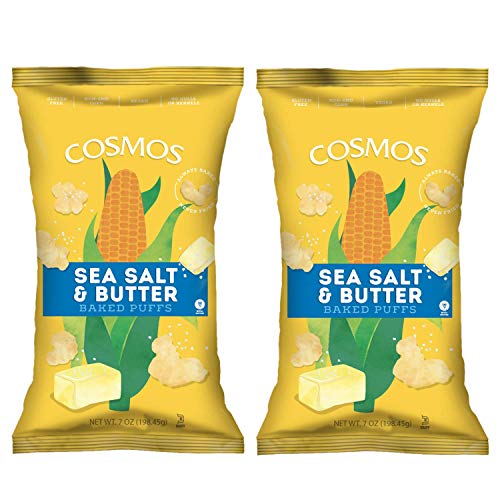 Cosmos Creations Vegan Sea Salt & Butter Baked Corn Puff Snack (Two Pack, 14 oz Total) - Premium Baked Snack with Sea Salt & Butter Flavor - Non GMO, Kosher, Pure Ingredients - No Hulls or Kernels for Easy Snacking - Two 7 oz Bags Cosmos Creations Vegan Sea Salt & Butter Baked Corn Puff Snack (Two Pack, 14 oz Total) - Premium Baked Snack with Sea Salt & Butter Flavor - Non GMO, Kosher, Pure Ingredients - No Hulls or Kernels for Easy Snacking - Two 7 oz Bags