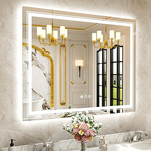 Image of WTTY LED Bathroom Mirror 48 inchx32 inch with Back and Front Light,Modern LED Mirror for Bathroom,Dimmable Lighted Bathroom Vanity Mirror with Anti-Fog,Memory Function,Shatter-Proof,Wall Mounted