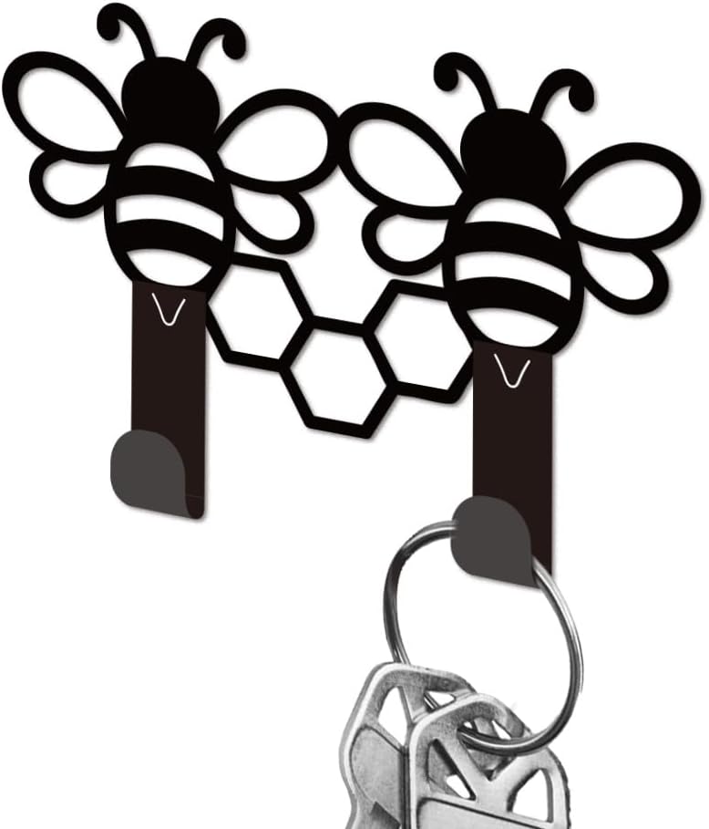 Cute bee Key Holder for Wall Mini Black Iron Key Hooks Wall Mounted Key Rack with 2 Hooks Small Key Hanger House Key Holder for Entryway Front Door Hallway Bathroom Bedroom Garden