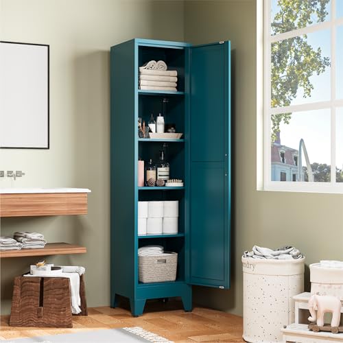 Image of COFaR 67 inch Metal Narrow Storage Cabinet, Peacock Blue Slim Storage Cabinet with Magnetic Door & 4 Adjustable Shelves, Slim Freestanding Cupboard for Bathroom, Kitchen