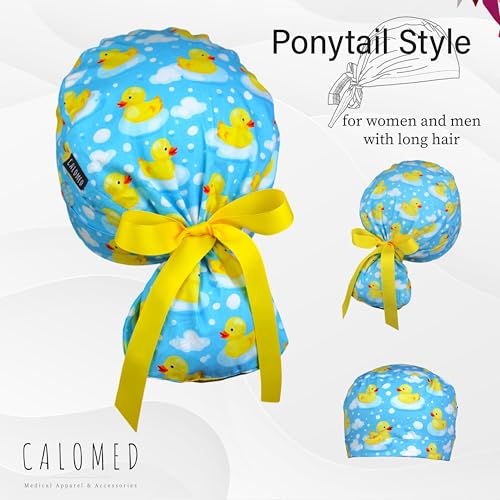 Image of Scrub Cap for Women and Men, Ponytail Scrub Caps, Working Hat, Head Cover with Ribbon Ties and Buttons, Long Hair