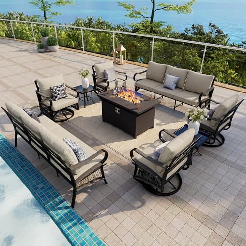 Image of 9-Piece Outdoor Furniture Set, Metal Swivel Rocking Chairs with All-Weather Cushions, Patio Conversation Set with Fire Pit Table for Deck, Porch, Garden, Backyard, Poolside (Beige Cushions)