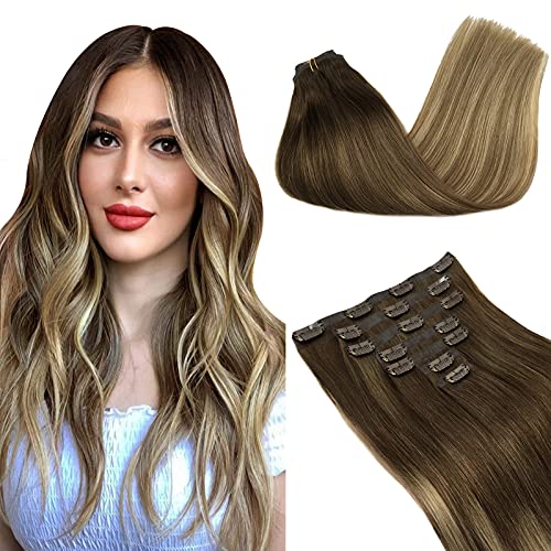 GOO GOO PU Weft Hair Extensions Clip in Human Hair 130g 7pcs 18 Inch Balayage Walnut Brown to Medium Brown and Bleach Blonde Hair Extensions Remy Seamless Clip in Hair Extensions for Women