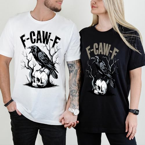 Funny F-CAW-F Raven Skull T-Shirt – Gothic Halloween Crow Tee – Edgy Unisex Spooky Shirt3