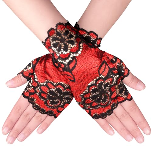2 Pairs Women Short Lace Gloves 80s Opera Evening Wedding Sunblock Fingerless Bridal Floral Gloves for Halloween