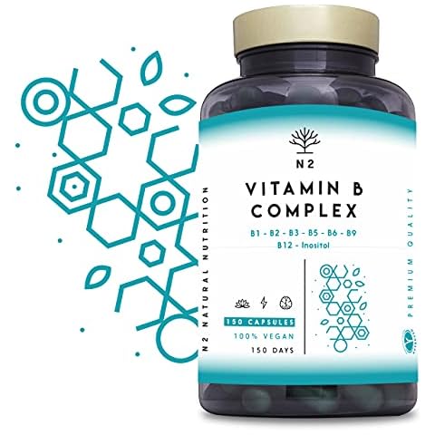 Vitamin B Complex High Strength. Vitamin B12, B9 (folic Acid), B7 (Biotin), B6, B5, B3, B2, B1,Inositol. Improves Mental Performance and Reduces Fatigue. 150 Capsules. Vegan. CE. N2 Natural Nutrition Cover