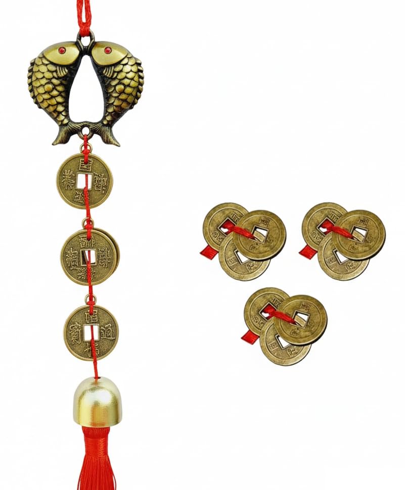Image of Feng Shui Coins Items for Good Luck, Coin Hanging Tassel for Temple Decoration Car Mirror Hanging (Antique Golden Red)