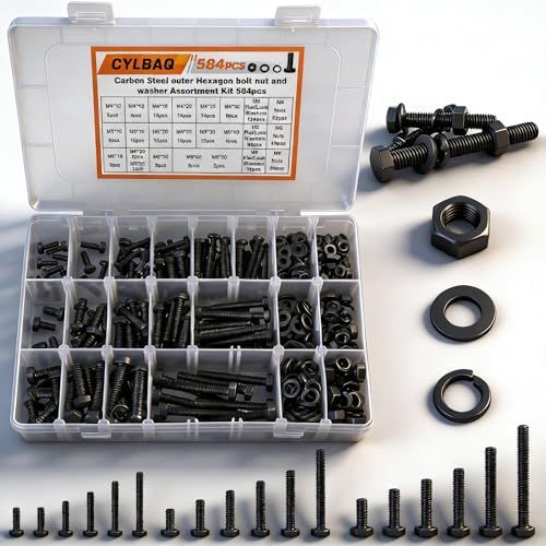 CYLBAQ 584 Stück M4 M5 M6 Sechskantschrauben, 10mm-50mm Kohlenstoffstahl bolzen mutter set mit Muttern Unterlegscheiben Vollgewindeschrauben Maschinenschrauben Gewindeschrauben zur Reparatur