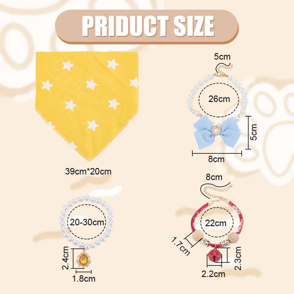 WEBEEDY 4 Styles Kitten and Puppy Collar Combination Small Pet Jewelry Collars Natural Wood Pet Bell,Dirt-Proof Triangle Scarf,Pearl Collar Necklace with Crystal and Bow Pets Party Accessories - Image 2