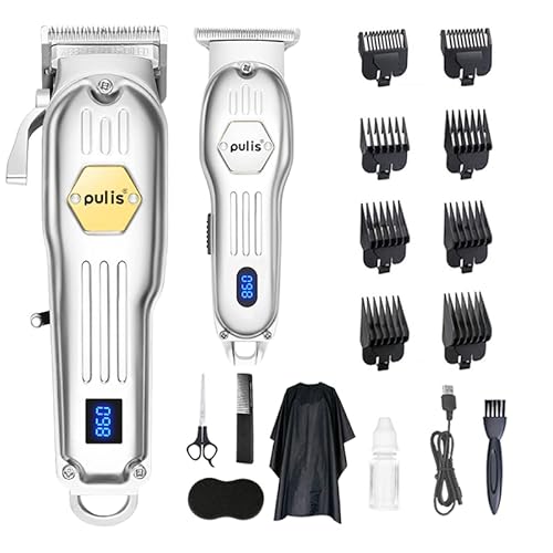 PULIS Hair Clippers for Men + T-Blade Trimmer Kit, Professional Hair Cutting Kit Beard Trimmer Barbers Clippers for Men Women Kids Clipper Set Cordless & LED Display,Silver