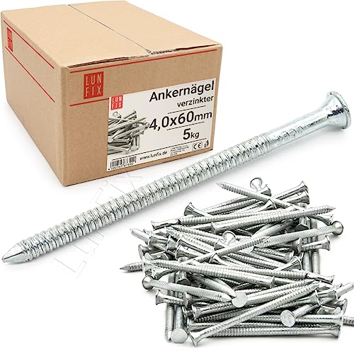 Ankernägel 4,0 x 60 mm - 5kg (ca. 750 stk.) Holznägel für Bauarbeiten verzinkter Baunägel Rillennagel 60mm lang Drahtstifte Nägel Flachkopf für Tischlerarbeiten, Dachkonstruktionen, Zimmerleute