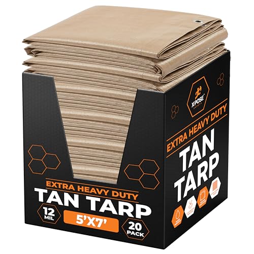 Heavy Duty Tan Poly Tarp 5' X 7' Bulk (20-Pack) - Multipurpose Protective Cover - Durable, Waterproof, Weather Proof, Rip and Tear Resistant - Extra Thick 12 Mil Polyethylene - by Xpose Safety