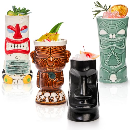 Bekith Ceramic Tiki Mugs Set of 4, Large Tiki Glasses for Cocktails, Hawaiian Party Drinkware Bar Decor Creative Tiki Cup Set, Tiki Drinking Bar Decorations Vintage Tropical Drinkware Barware