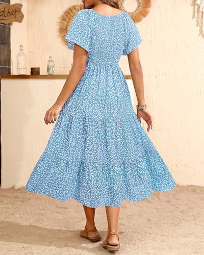 Image of Pinup Fashion Maternity Summer Dress Baby Shower Easter Pregnancy A-Line | Smocked V-neck, flutter sleeves, breathable floral fabric, bump friendly, perfect for photoshoot, spring casual,postpartum