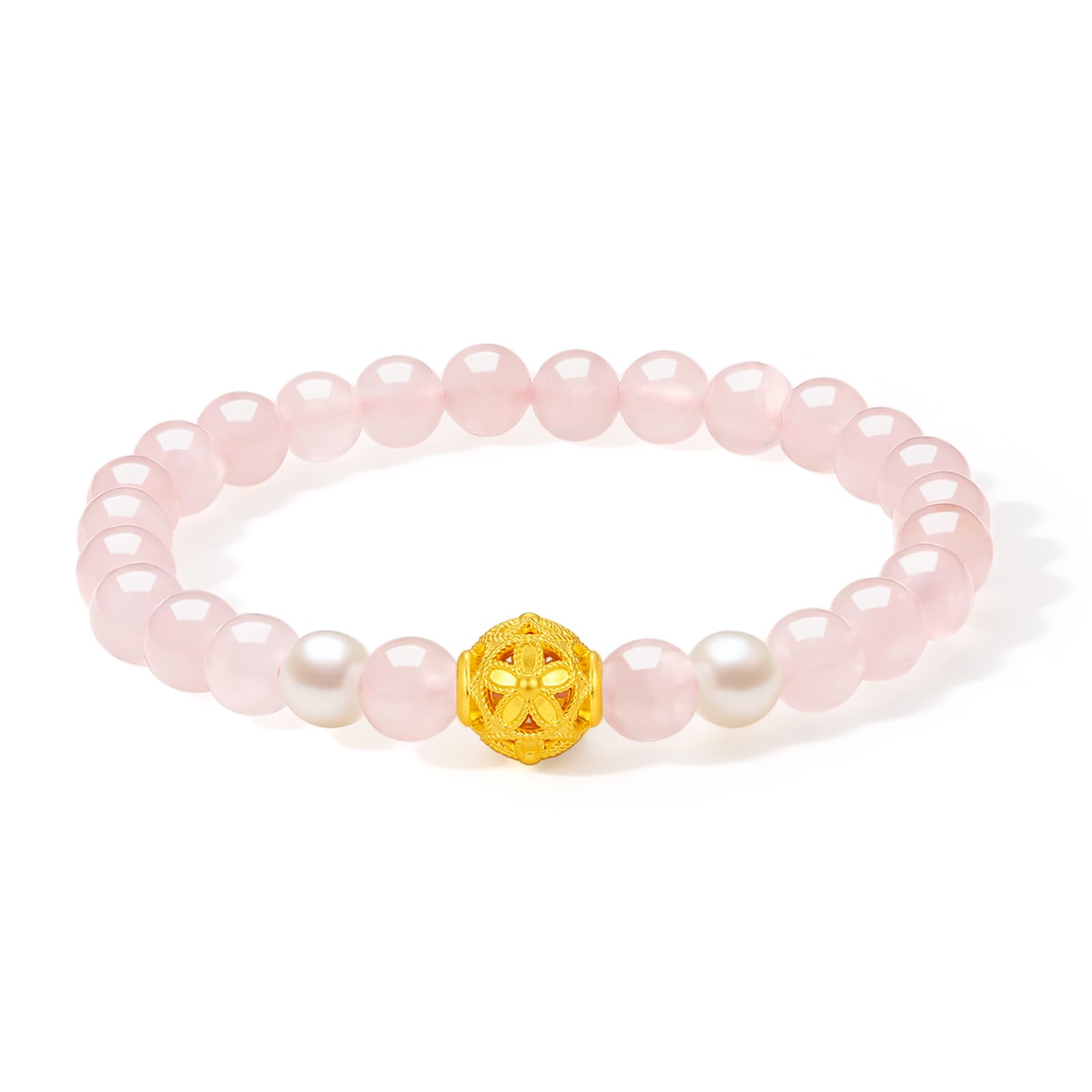 24K Pure Gold Pink Rose Quartz Hibiscus Healing Stone White Pearl Beaded Bracelet for Women Real Gold Lucky Hydrangea Ball Bracelet with Jewelry Box Mom Wife Birthday Anniversary J1912851
