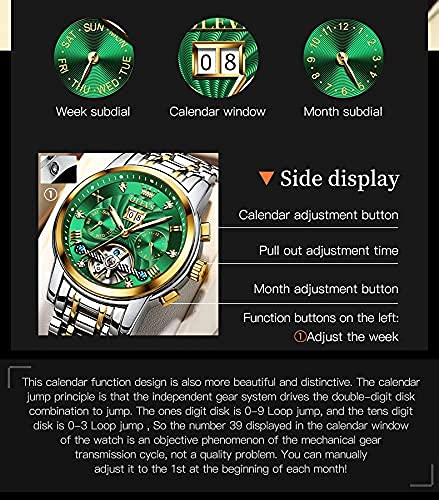 Image of OLEVS Self Winding Watches for Men Automatic Mechanical Skeleton Luxury Dress Waterproof Moon Phase Tourbillon Chronograph Stainless Steel Luminous Wristwatch
