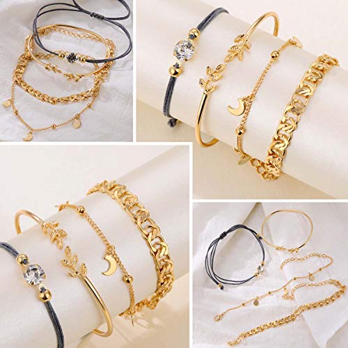 Image of 17IF 18-25 PCS(6 Pack) Boho Gold Silver Stackable Bracelets Set for Women | Chunky Dainty Bangles Adjustable Chain Flat Cuff Cuban Punk Charm Bundle Jewelry
