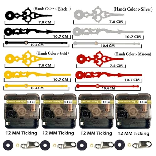 Image of Combo Of 4 Ajanta Mfg. Battery Operated Plastic Ticking Analog Wall Clock Movement Machine With Hands (Silver+Red+Black+Gold)
