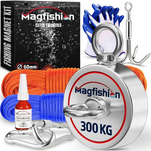 MAGFISHION Aimant Neodyme Puissant - Traction de 150KG - Aimant de Pêche - Ø60mm - Peche a l'aimant avec 2 Cordes, Crochet Triple et...
