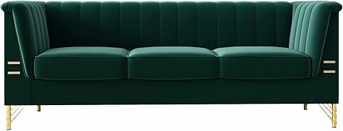 yunqishi SHUFU 8346 W Green Modern Velvet Sofa Couch with Metal Gold Legs 3-Seater High Arm Upholstered Emerald Green Sofa for Living Room Bedroom