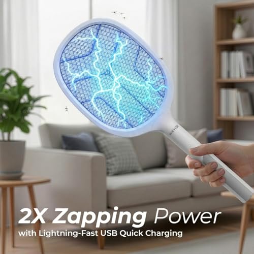 Image of 2 in 1 Mosquito Killer Racket with UV Light | Manual & Auto Kill Modes | Rechargeable Lithium Battery | Type-C USB Charging | Electric Mosquito Bat with Base Stand (White)