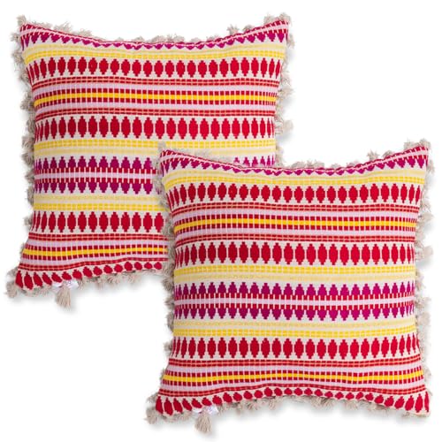 Image of HOKIPO 'Artisan Boho Series' Sofa Cushion Covers | 450 GSM Cotton Acrylic Jacquard | Tassel Design | 22x22 Inch (55x55 cm) | Pack of 2, Ruby Red (IN-906-A6*2)