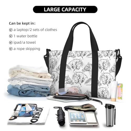 Carry On Duffle Bags Overnight Weekender Bags for Women, Hand Drawn Line Cute Horse Personal Item Travel Bag, Travel Essentials Sport Gym Bag for Men Women4