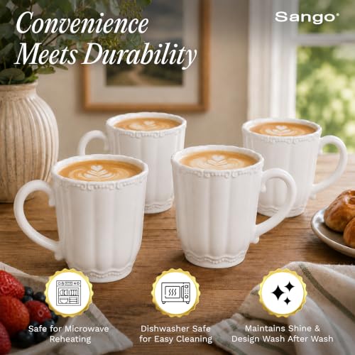Image of SANGO Bethany White Mugs Set of 4, 15 oz Stoneware White Coffee Mugs, Vibrant Ceramic Drinkware for Coffee, Tea or Cocoa, Durable Everyday Cups, Dishwasher & Microwave Safe, Kitchen Mug Set