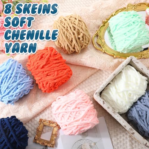 Image of Buryeah 8 Pack Chunky Chenille Yarn for Crocheting Soft Thick Fluffy Yarn for Hand Knitting Bulky Velvet Blanket Plush for Weaving DIY Crafts Each 3.5 oz 55 Yards(Multicolor)