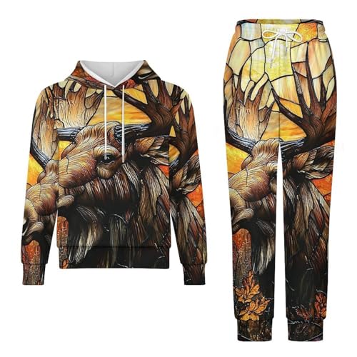 Boys Girls Sweatshirt Set 2 Piece Pullover Hoodie Kid Jogger Sweatpants, Moose Stained Glass Art4