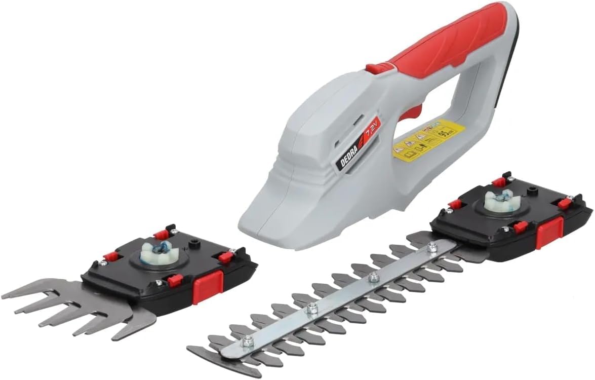 Cisaille à Gazon et Taille-haie sans Fil Dedra 7,2 V, 2 en 1, Batterie 2000 mAh, Lame Gazon 10 cm, Lame Taille-haie 20 cm, Coupe 8 mm, autonomie env. 70 Min
