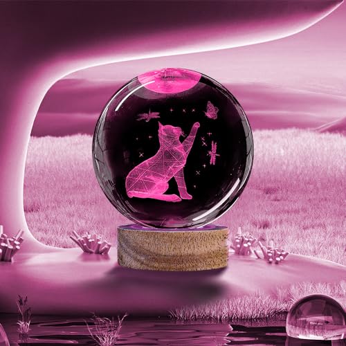 Image of 3D Cat Crystal Ball Night Light with Woodern Base, 3.15 inch Cat Figurines Glass Lamp with 16 Colors Cat Snow Globes Cool Desk Decor Cat Gifts for Women Girl Cat Lovers Kids Friends