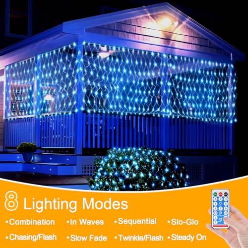 WoskjXas Solar LED Net Lights, 198 LED Mesh Fairy Lights, 8 Modes, 6.6 Ft x 9.8 Ft Garden Net Curtain Light, Remote Control - Image 4